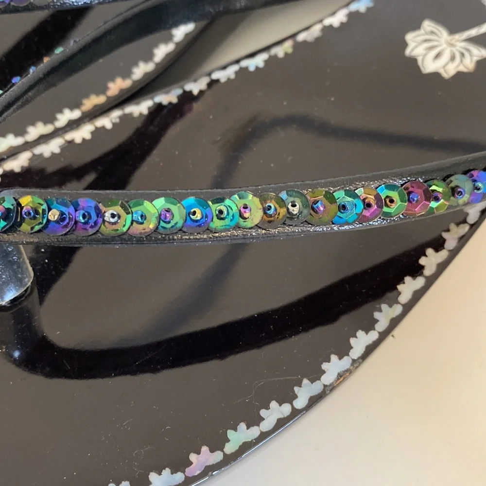 - New Asian Oriental Flip Flops Sandals MOP Inlay Black Lacquer Wood - Picture 7 of 9